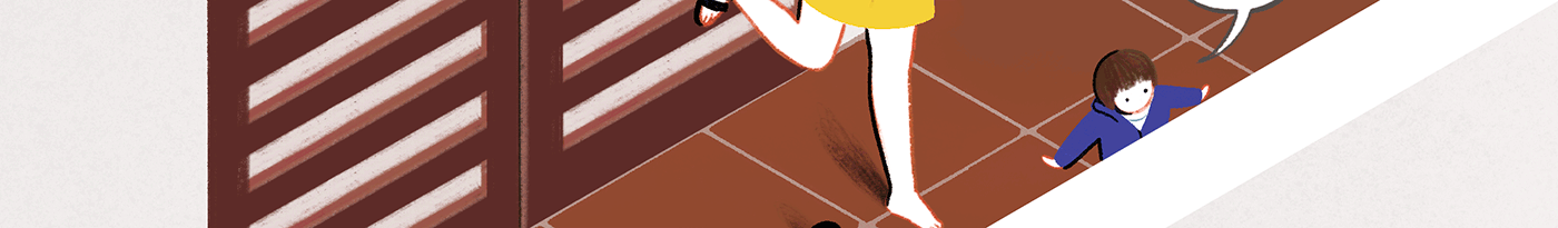 A child flaps his arms in the entryway of a house.